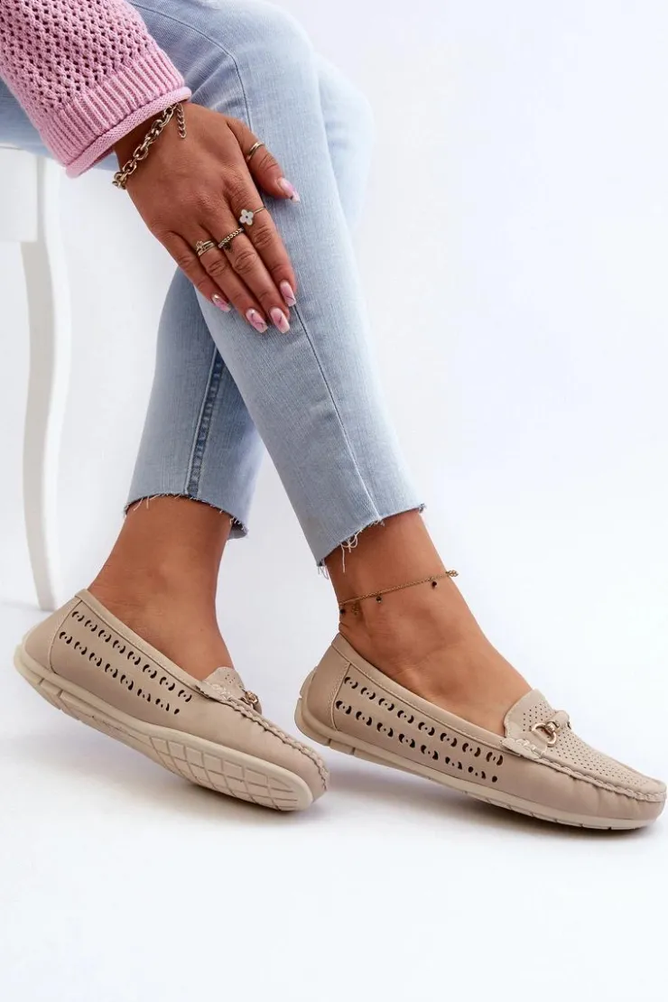 New Boto Mokasyny Damskie Ażurowe Z Ozdobą Beżowe Kaydance Beżowy
