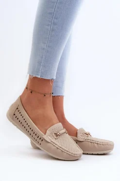 New Boto Mokasyny Damskie Ażurowe Z Ozdobą Beżowe Kaydance Beżowy