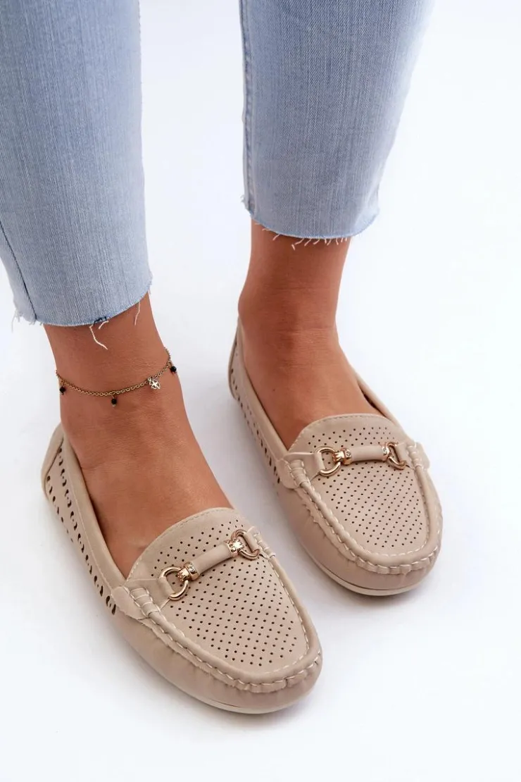 New Boto Mokasyny Damskie Ażurowe Z Ozdobą Beżowe Kaydance Beżowy