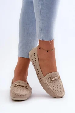 New Boto Mokasyny Damskie Ażurowe Z Ozdobą Beżowe Kaydance Beżowy