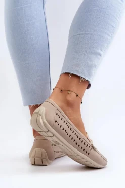 New Boto Mokasyny Damskie Ażurowe Z Ozdobą Beżowe Kaydance Beżowy