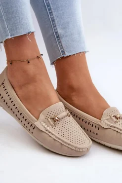 New Boto Mokasyny Damskie Ażurowe Z Ozdobą Beżowe Kaydance Beżowy