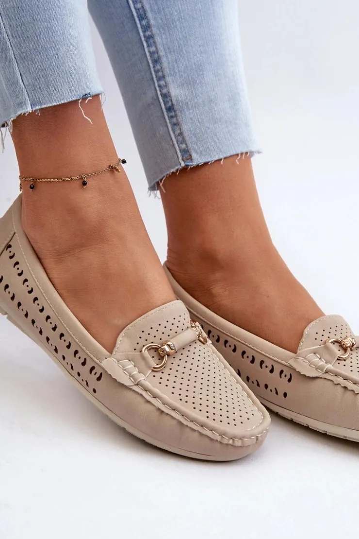 New Boto Mokasyny Damskie Ażurowe Z Ozdobą Beżowe Kaydance Beżowy