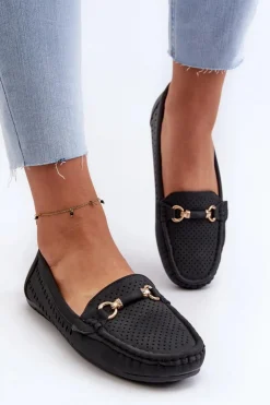 Outlet Boto Mokasyny Damskie Ażurowe Z Ozdobą Czarne Kaydance Czarny