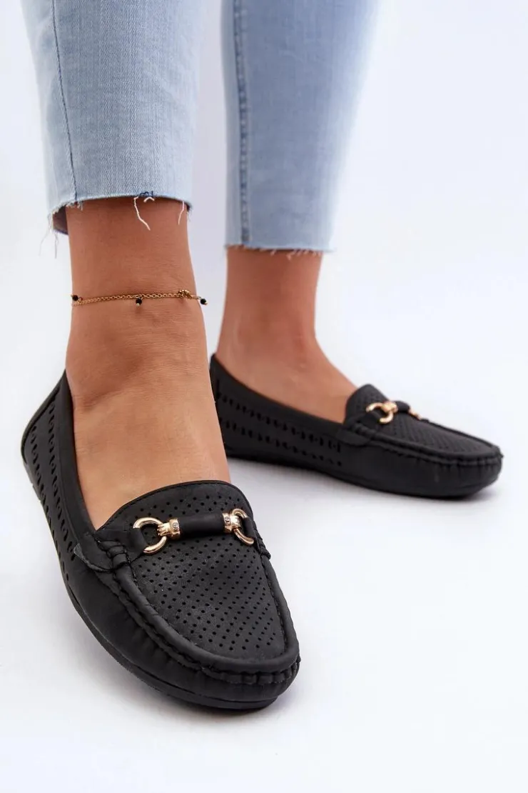 Outlet Boto Mokasyny Damskie Ażurowe Z Ozdobą Czarne Kaydance Czarny