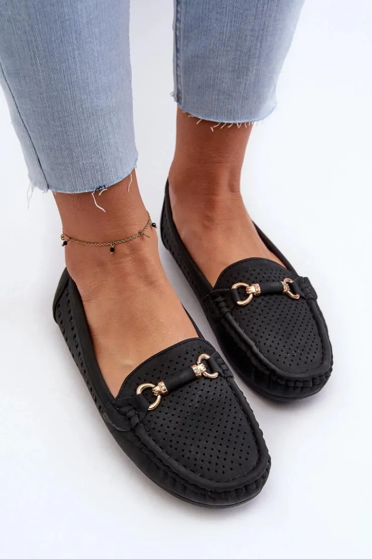 Outlet Boto Mokasyny Damskie Ażurowe Z Ozdobą Czarne Kaydance Czarny