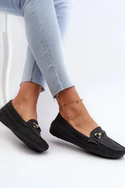 Outlet Boto Mokasyny Damskie Ażurowe Z Ozdobą Czarne Kaydance Czarny