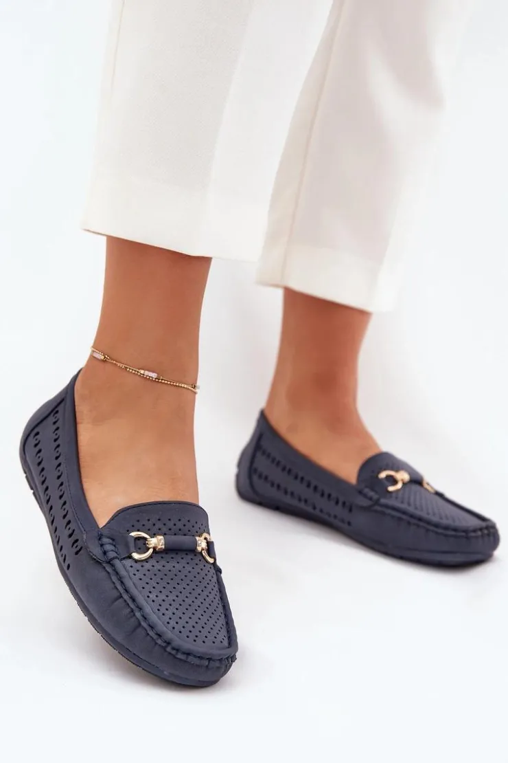 Hot Boto Mokasyny Damskie Ażurowe Z Ozdobą Granatowe Kaydance Niebieski