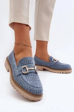 Clearance Boto Mokasyny Damskie Ażurowe Z Ozdobą Niebieskie Talesse