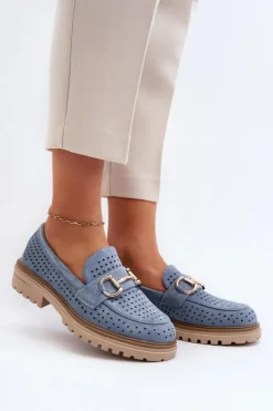 Clearance Boto Mokasyny Damskie Ażurowe Z Ozdobą Niebieskie Talesse