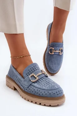 Clearance Boto Mokasyny Damskie Ażurowe Z Ozdobą Niebieskie Talesse