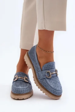 Clearance Boto Mokasyny Damskie Ażurowe Z Ozdobą Niebieskie Talesse