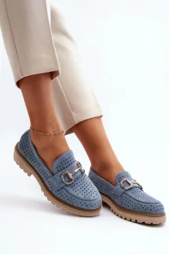 Clearance Boto Mokasyny Damskie Ażurowe Z Ozdobą Niebieskie Talesse