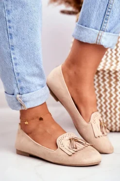 Best Boto Mokasyny Damskie Beżowe Lordsy Frędzle Therese