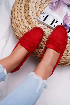 Damskie Boto Mokasyny Damskie Czerwone Zamszowe Bolero