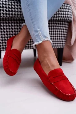 Damskie Boto Mokasyny Damskie Czerwone Zamszowe Bolero