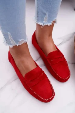 Damskie Boto Mokasyny Damskie Czerwone Zamszowe Bolero