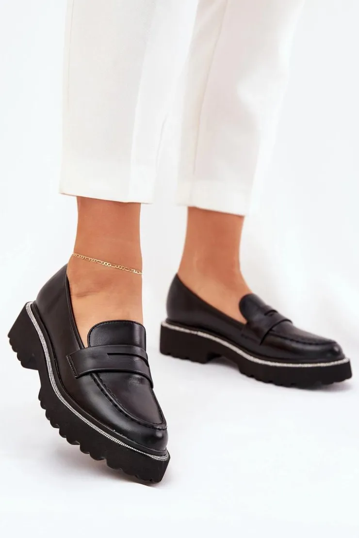 Boto Mokasyny Płaskie|Mokasyny Damskie Skórzane*Mokasyny Damskie Eko Skórzane Z Cyrkoniami Czarne Wilamla