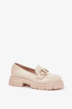 Hot Boto Mokasyny Damskie Eko Skórzane Ze Złotym Detalem Beżowe Ravalissea