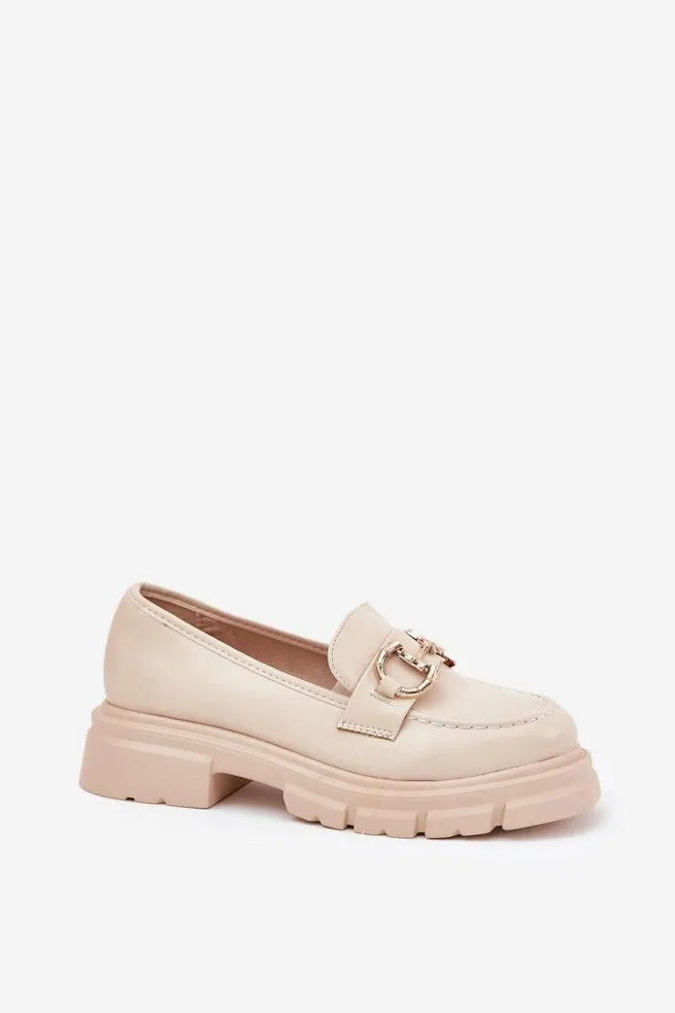 Hot Boto Mokasyny Damskie Eko Skórzane Ze Złotym Detalem Beżowe Ravalissea