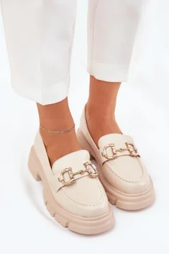 Hot Boto Mokasyny Damskie Eko Skórzane Ze Złotym Detalem Beżowe Ravalissea