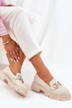 Hot Boto Mokasyny Damskie Eko Skórzane Ze Złotym Detalem Beżowe Ravalissea