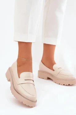 Damskie Boto Mokasyny Damskie Eko Skórzane Z Cyrkoniami Beżowe Wilamla