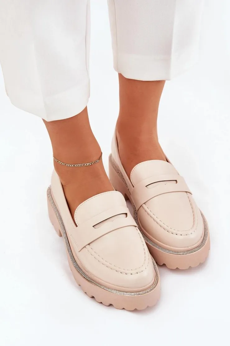 Damskie Boto Mokasyny Damskie Eko Skórzane Z Cyrkoniami Beżowe Wilamla