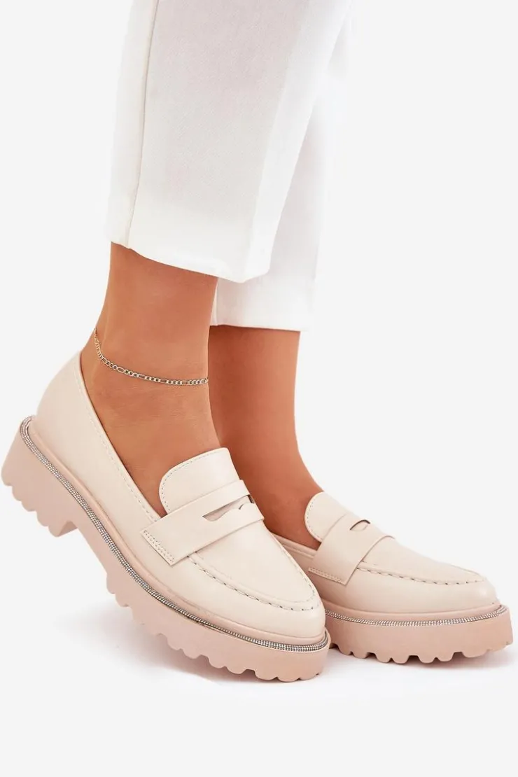 Damskie Boto Mokasyny Damskie Eko Skórzane Z Cyrkoniami Beżowe Wilamla