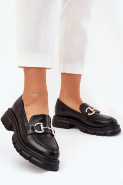 Damskie Boto Mokasyny Damskie Eko Skórzane Ze Złotym Detalem Czarne Ravalissea