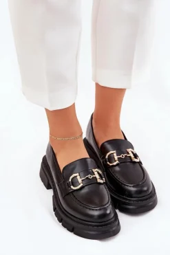 Damskie Boto Mokasyny Damskie Eko Skórzane Ze Złotym Detalem Czarne Ravalissea