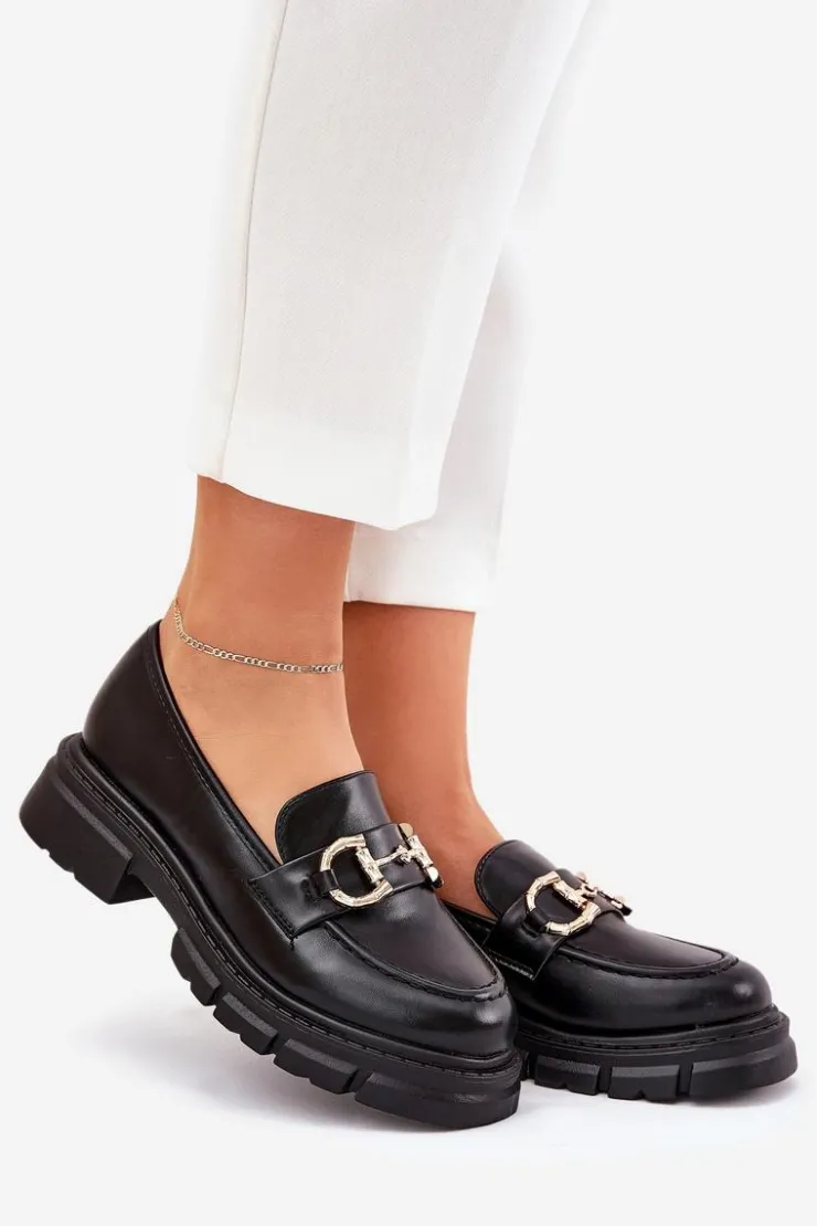 Damskie Boto Mokasyny Damskie Eko Skórzane Ze Złotym Detalem Czarne Ravalissea