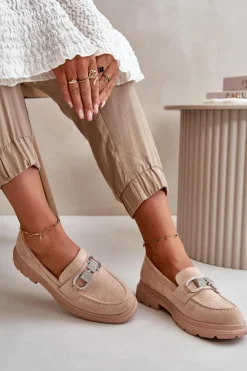 Clearance Boto Mokasyny Damskie Eko Zamszowe Z Ozdobą Beżowe Wistera