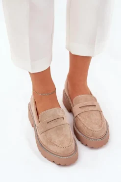 Outlet Boto Mokasyny Damskie Eko Zamszowe Z Cyrkoniami Khaki Wilamla