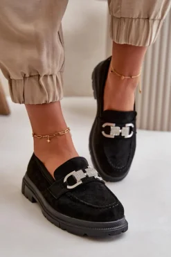 Damskie Boto Mokasyny Damskie Eko Zamszowe Z Ozdobą Czarne Wistera