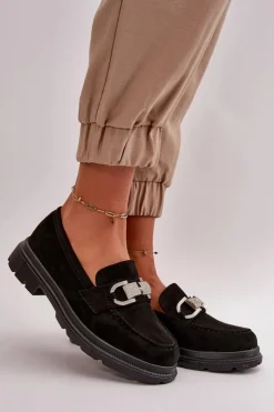 Damskie Boto Mokasyny Damskie Eko Zamszowe Z Ozdobą Czarne Wistera