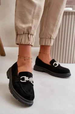 Damskie Boto Mokasyny Damskie Eko Zamszowe Z Ozdobą Czarne Wistera