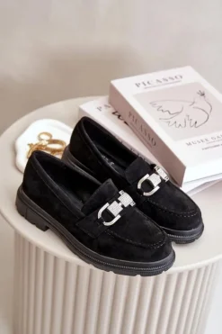 Damskie Boto Mokasyny Damskie Eko Zamszowe Z Ozdobą Czarne Wistera