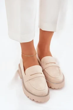 Damskie Boto Mokasyny Damskie Eko Zamszowe Z Cyrkoniami Beżowe Wilamla