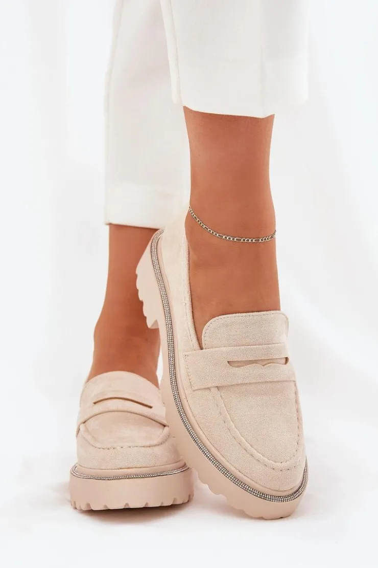 Damskie Boto Mokasyny Damskie Eko Zamszowe Z Cyrkoniami Beżowe Wilamla