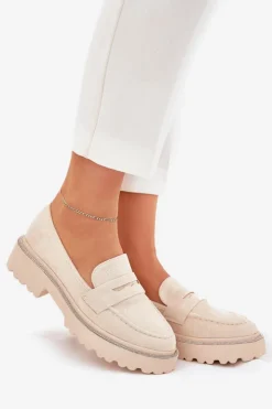 Damskie Boto Mokasyny Damskie Eko Zamszowe Z Cyrkoniami Beżowe Wilamla