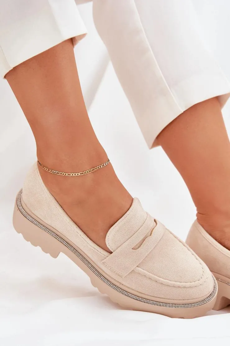 Damskie Boto Mokasyny Damskie Eko Zamszowe Z Cyrkoniami Beżowe Wilamla