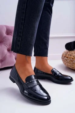 Damskie Boto Mokasyny Damskie Lakierowane Loafery Lordsy Czarne Tenes