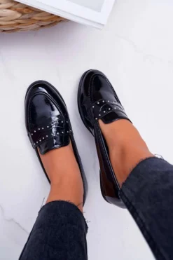 Damskie Boto Mokasyny Damskie Lakierowane Loafery Lordsy Czarne Tenes