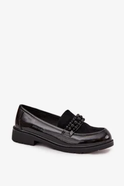 Hot D&A Mokasyny Damskie Lakierowane Z Koralikami S.Barski HY52-541 Czarne Czarny