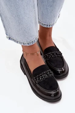 Hot D&A Mokasyny Damskie Lakierowane Z Koralikami S.Barski HY52-541 Czarne Czarny