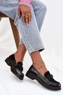 Hot D&A Mokasyny Damskie Lakierowane Z Koralikami S.Barski HY52-541 Czarne Czarny