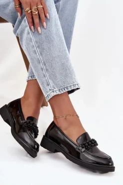 D&A Mokasyny Płaskie|Mokasyny Damskie Lakierowane*Mokasyny Damskie Lakierowane Z Koralikami S.Barski HY52-541 Czarne Czarny