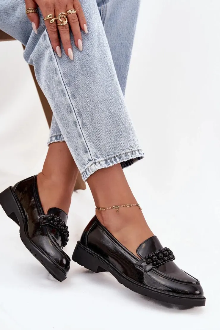 D&A Mokasyny Płaskie|Mokasyny Damskie Lakierowane*Mokasyny Damskie Lakierowane Z Koralikami S.Barski HY52-541 Czarne Czarny