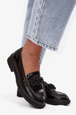 D&A Mokasyny Płaskie|Mokasyny Damskie Lakierowane*Mokasyny Damskie Lakierowane Z Koralikami S.Barski HY52-541 Czarne Czarny